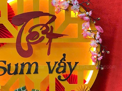 [Order 3 - 5 ngày] Vòng treo cửa Tết Sum Vầy đèn Led [Bằng gỗ - Cắm điện] ĐK 60cm BANGTREO-TET-01